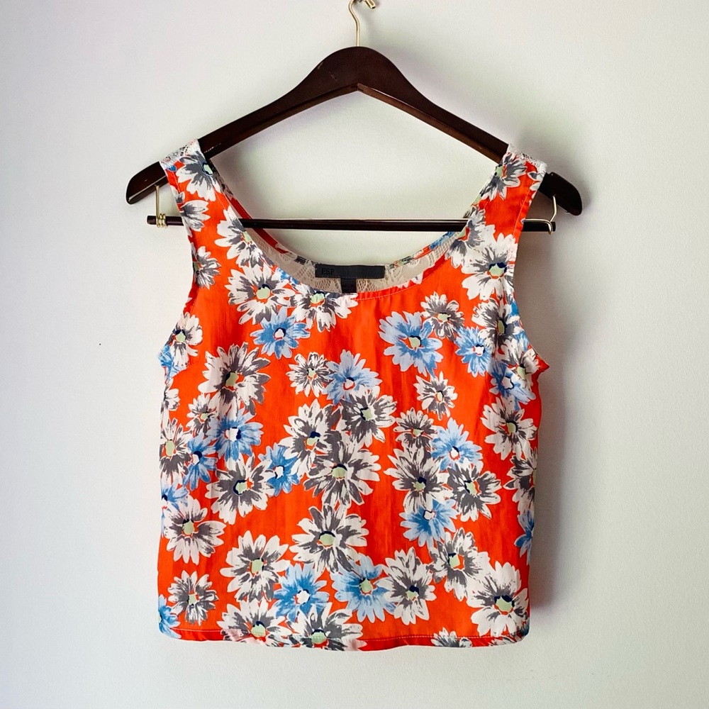 ESP Women’s Red Blue Floral Lace Back Sheer Cropped Tank Top Size XS- S. NWOT